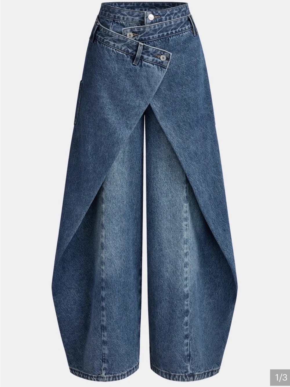 Commense Dark Blue Wrap-Overlay Wide-Leg Jeans